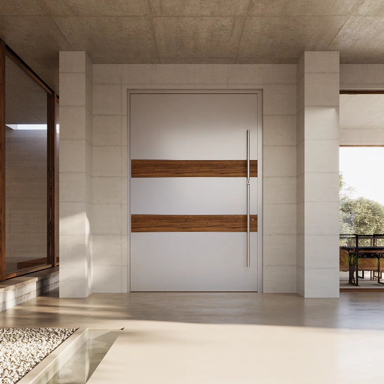 Rendering di una porta d'ingresso a un'anta a bilico P100 con pannello complanare Plana