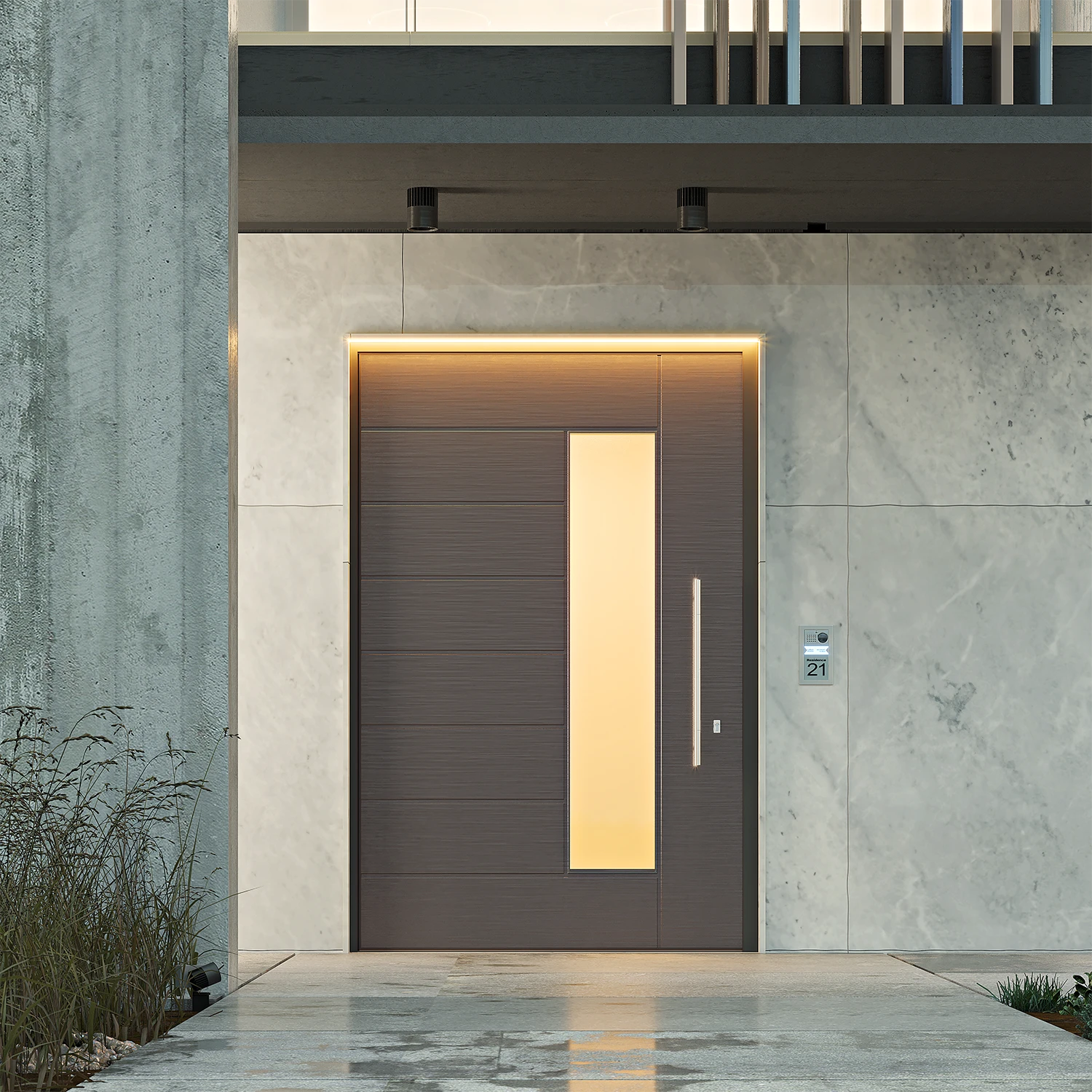 Rendering di una porta d'ingresso a bilico Ponzio 100 con pannello linea e inserti in vetro