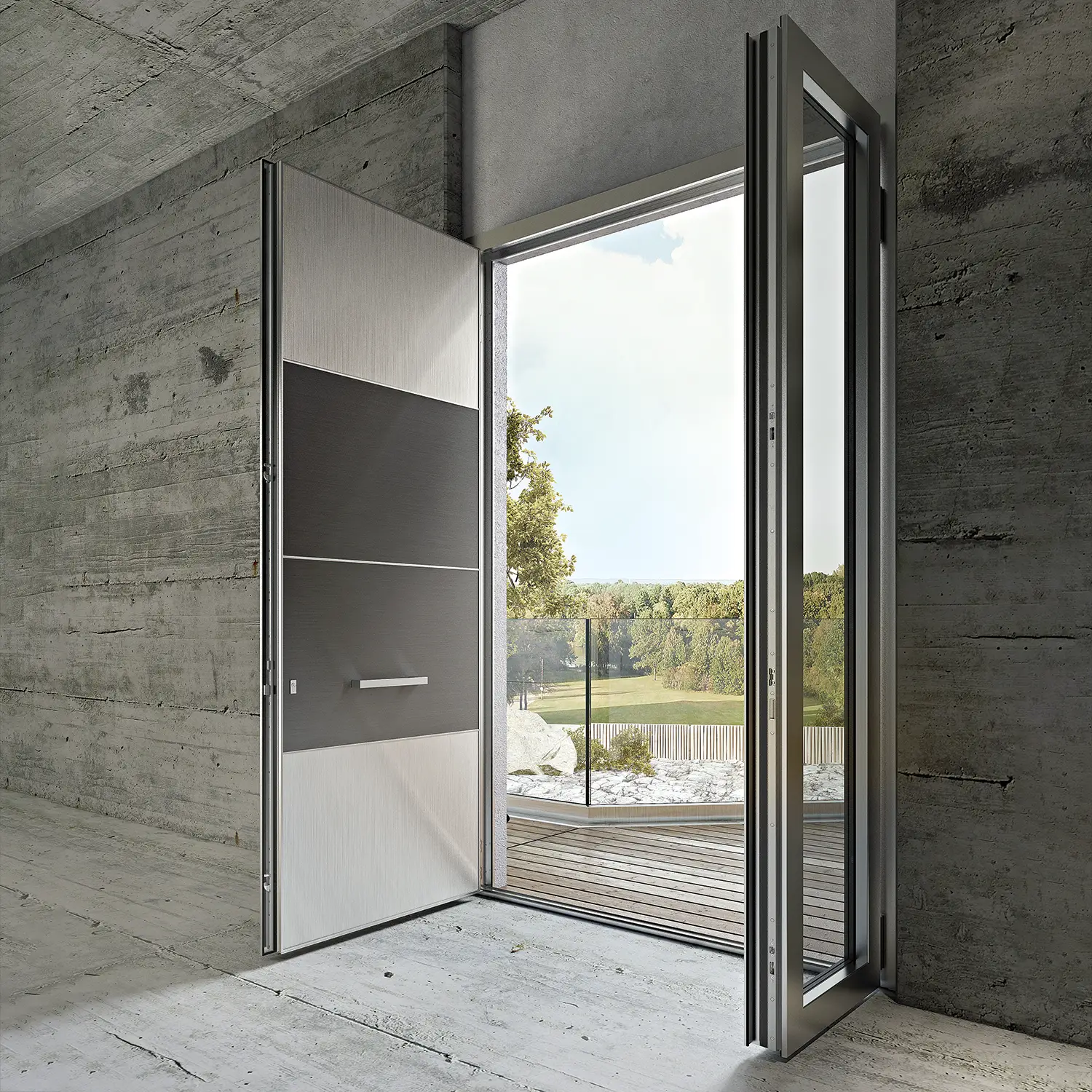Rendering della vista interna di un portoncino d'ingresso Ponzio 100 a due ante asimmetriche in posizione aperta con pannello Plana e vetro